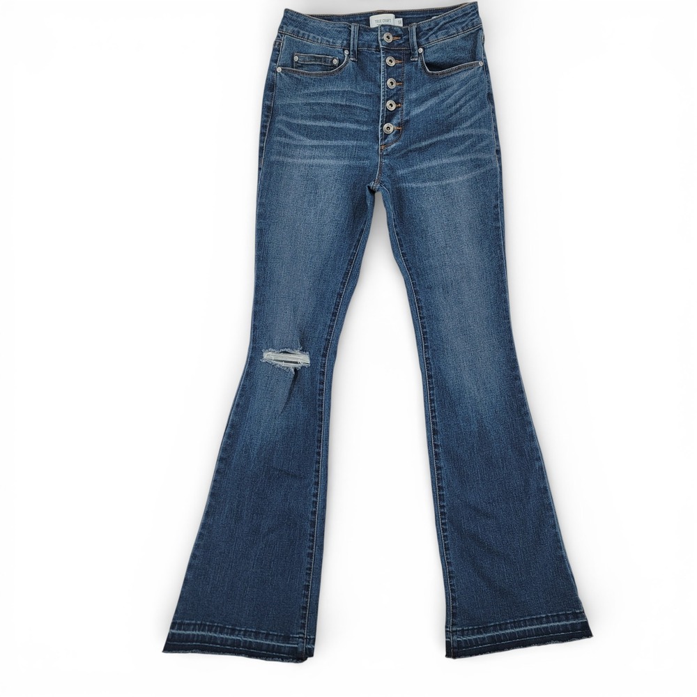 True Craft Womens 5R High Rise Flare Jeans Blue Stretch‎ Raw Hem